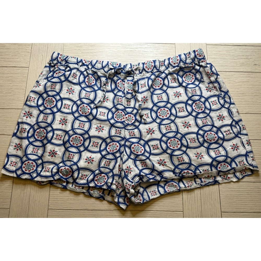 Liz Claiborne Women XL White Blue Linen Tile Print Zip Front W Tie Shorts Boho
